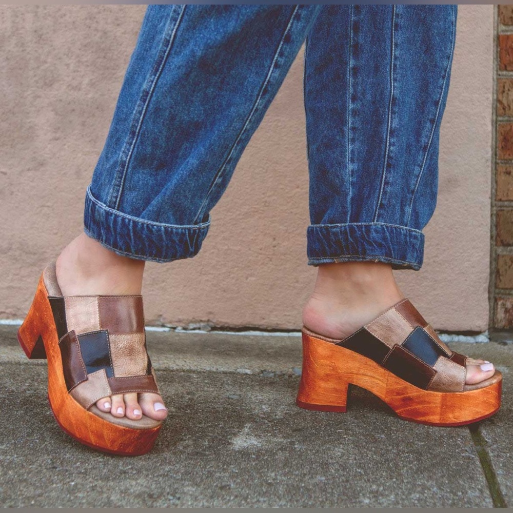 Bed Stu Brown Black Metallic Patchwork Leather Platform Mules